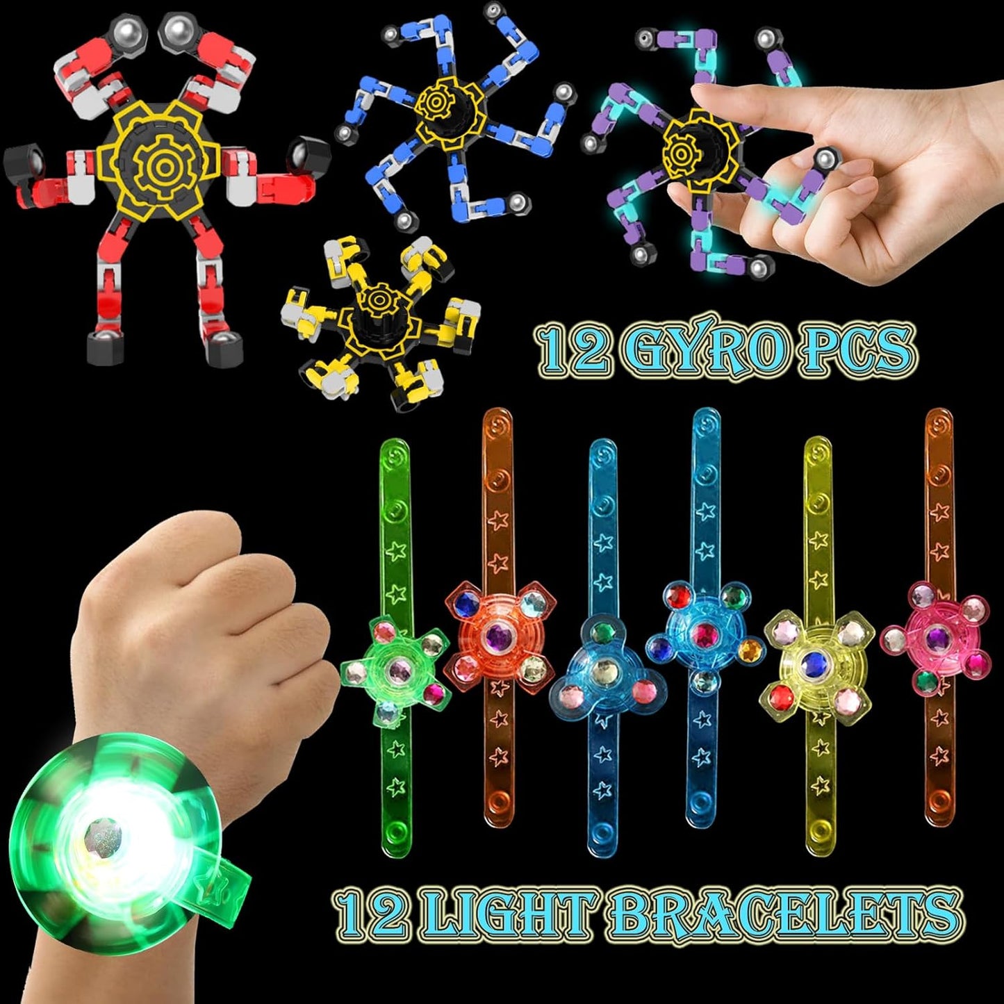 24 Pack LED Light Up Fidget Spinner Bracelets and DIY Deformable Robot Fidget Spinners,Stress Relief Toy for Kids Adults,Party Supplies,Treasure Box Toys for Classroom, Birthday Gifts