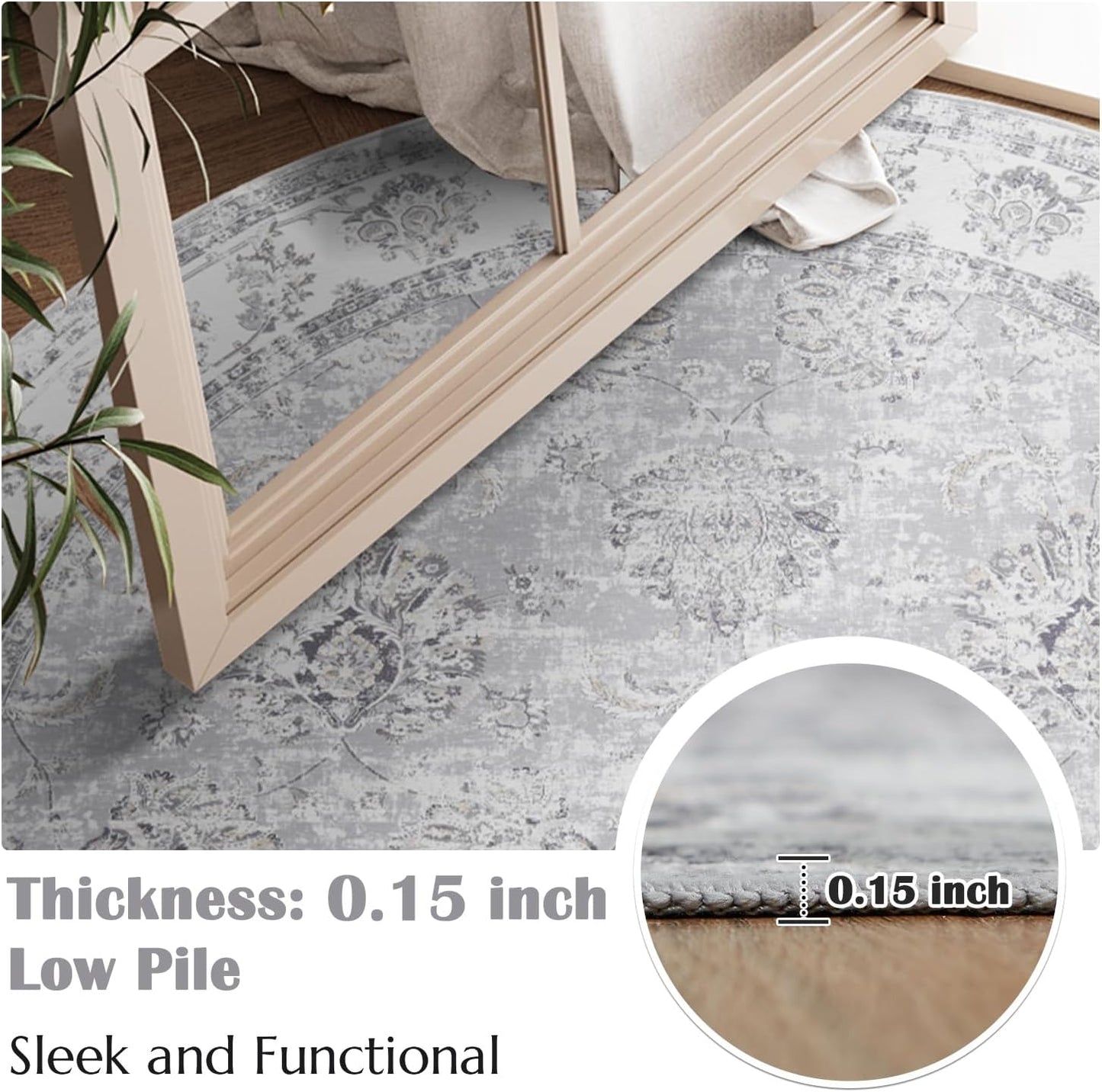 jinchan Round Rug 7ft Area Rugs - Vintage Floral Distressed Design Machine Washable Non-Slip Low-Pile Ultra-Thin Circle Rug for Living Room Dining Room Bedroom Home Office Farmhouse (7' Round,Grey)