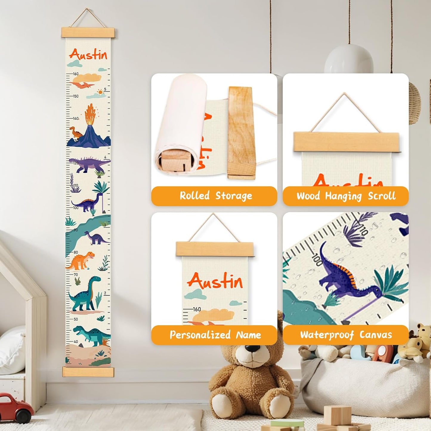 Customize Name Canvas Growth Chart for Kids, Dinosaur Unisex Kids Room Wall Decor, Measuring Height Chart, Wall Tape with Height Chart for Kids, Foldable Height Tracker, Lightweight