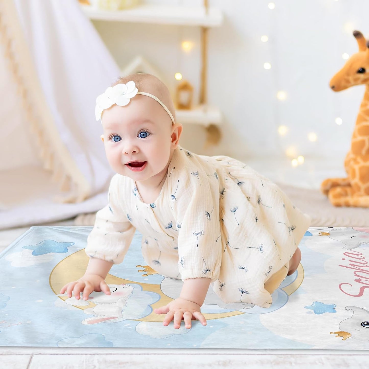 Personalized Baby Blanket with Name, Custom Elephant Name Blankets Toddler Girls Soft Flannne Swaddling Blankets Azure Color Customized Memorial Gift from Nana for Infant Newborn Shower