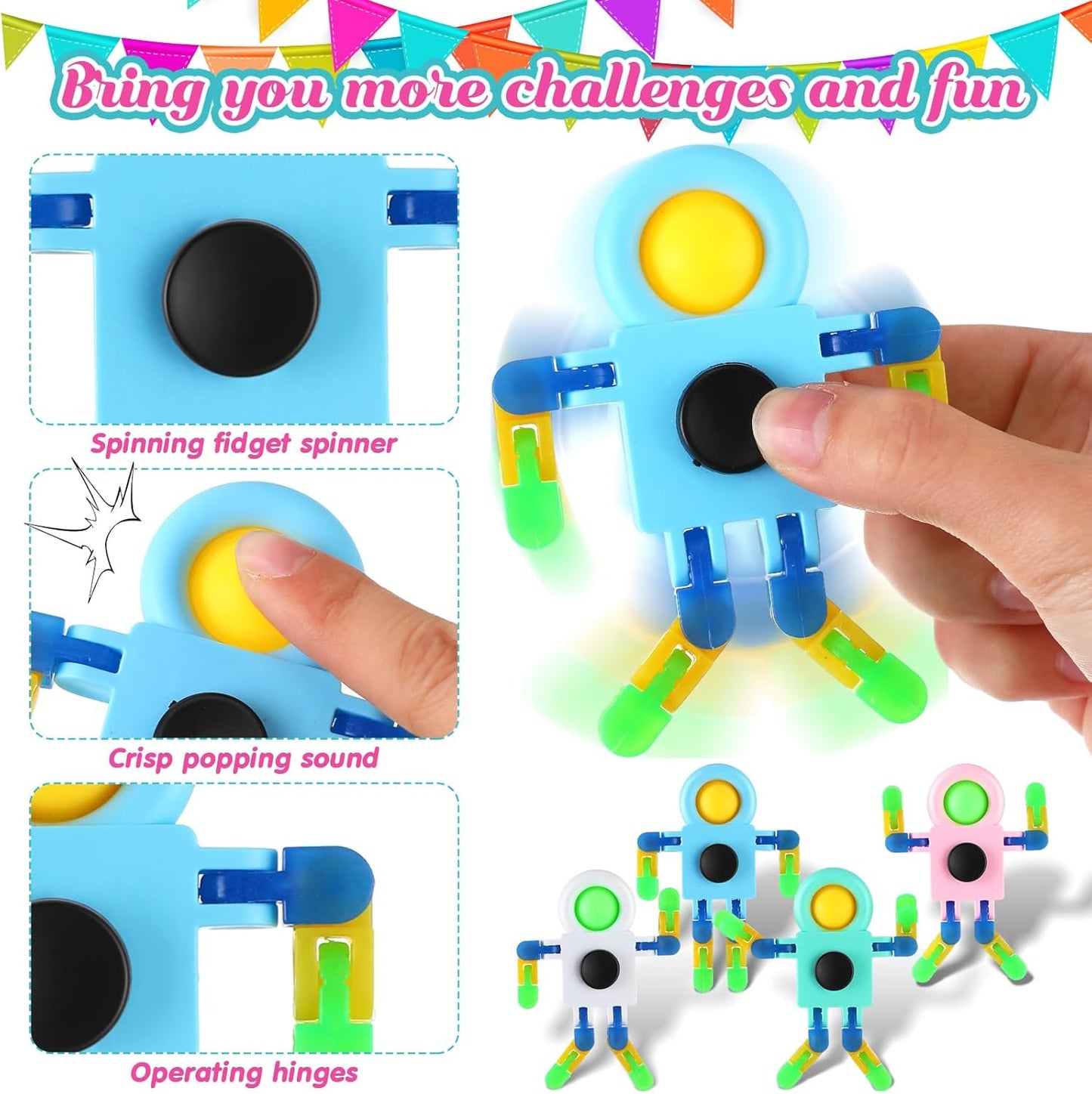 72 Pcs Glow in The Dark Fidget Sensory Spinner Toys Transformable Chain Robot Fingertip Toy Sensory for Anxiety, Stress Relief ADHD Autism Pinata Goodie Bag Stuffers