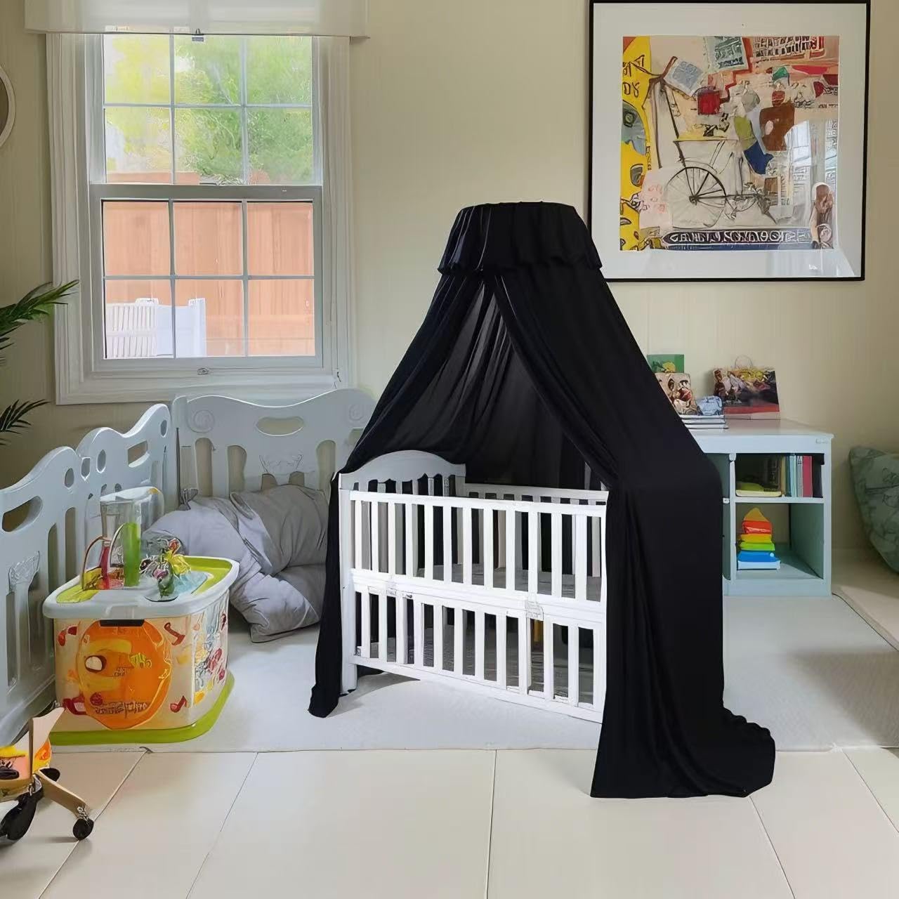 Blackout Crib Canopy Black Crib Tent to Keep Baby in Crib Cover Canopy Bed Curtains for Indoor and Outdoor (Sticker Holder not Included)