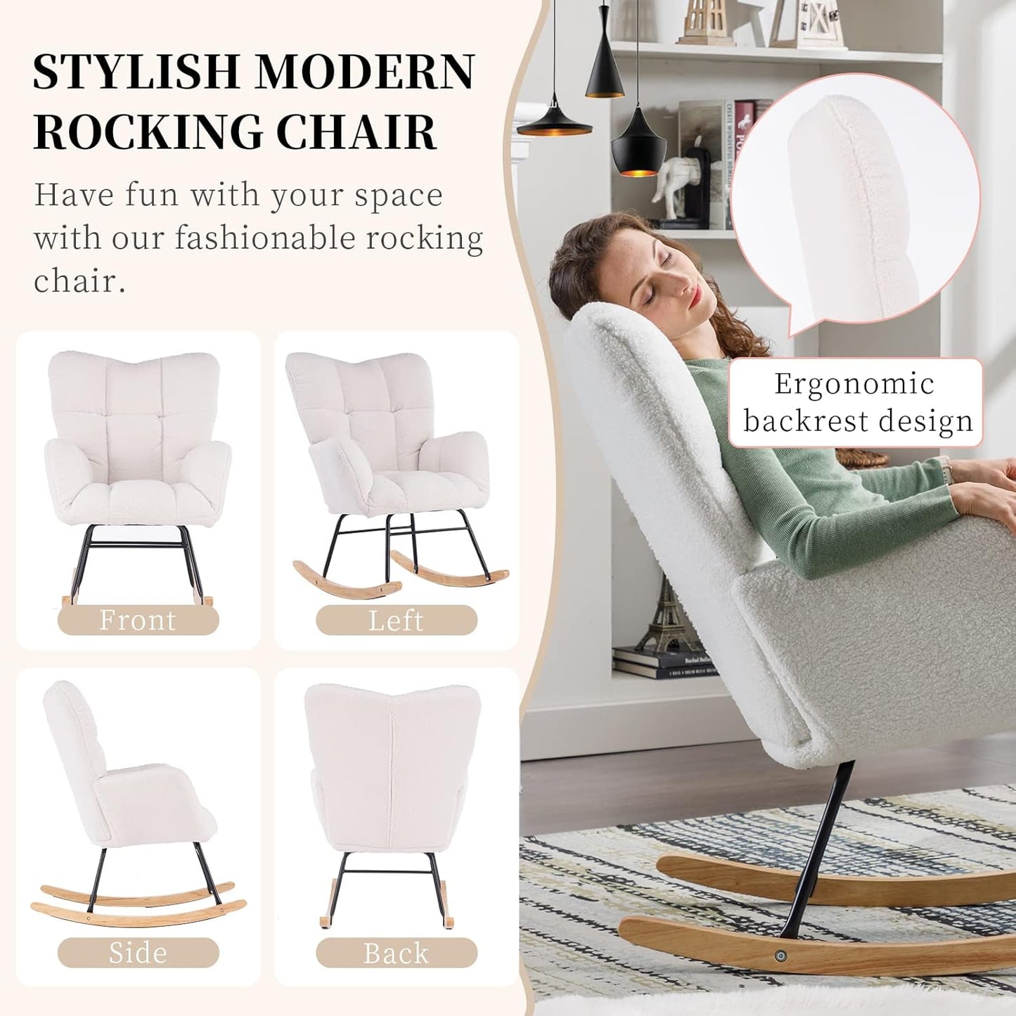 NIOIIKIT Nursery Rocking Chair Teddy Upholstered Glider Rocker Rocking Accent Chair Padded Seat with High Backrest Armchair Comfy Side Chair for Living Room Bedroom Offices (Ivory Teddy)