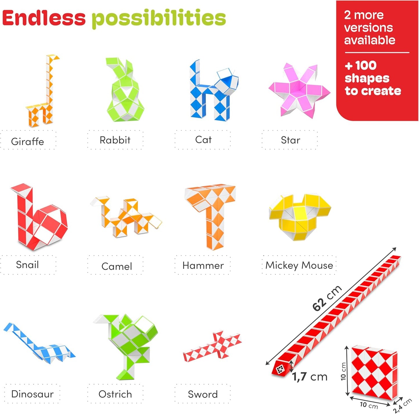 CUBIDI® Magic Snake Cube | Fidget Snake Toy for Kids | Travel Toys for Kids Ages 4-8 | Great Gift for Boys and Girls Birthday, Christmas, Stocking Stuffers - 36 Blocks | 0.9 inch x 0.7 inch | Red