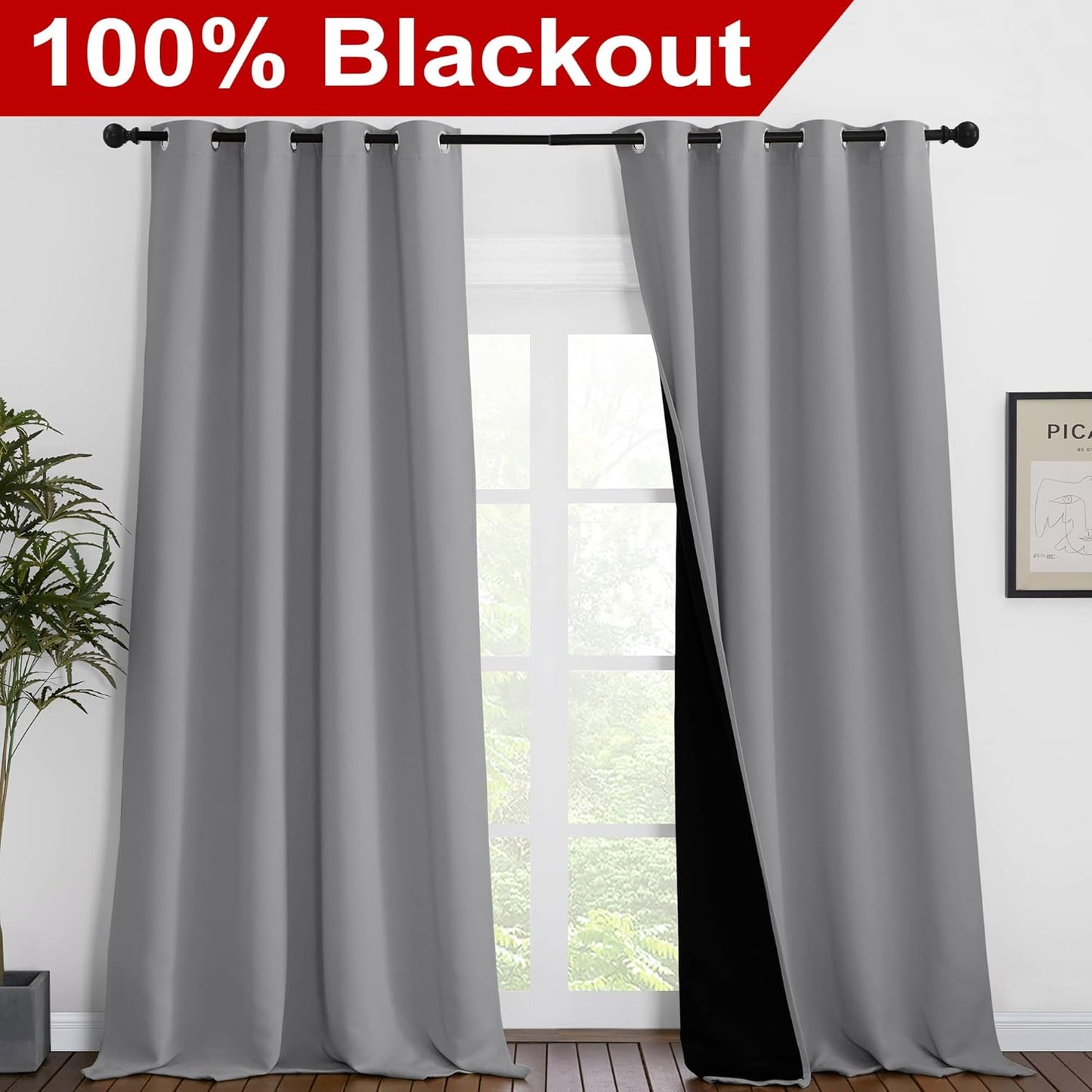 NICETOWN 100% Blackout Blinds, Laundry Room Decor Window Treatment Curtains for Large Patio Sliding Door, Thermal Insulated Silver Grey Curtains for Bedroom, Set of 2, 55 inches x 102 inches