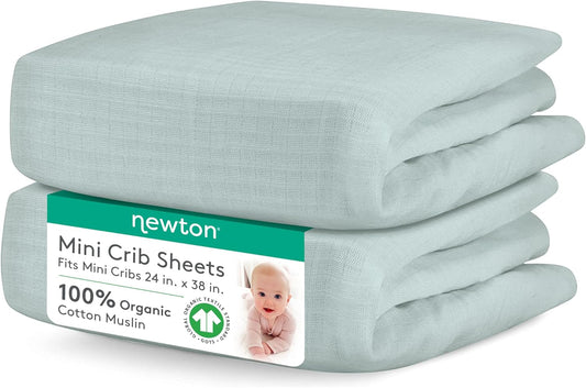 Newton Baby Mini Crib Fitted Sheets (2-Pack) | Organic Muslin Cotton, Ultra Breathable & Soft Baby Sheets, Machine Washable Baby Mattress Sheets, Fits Any Mini Sized Crib 24" x 38", Sage