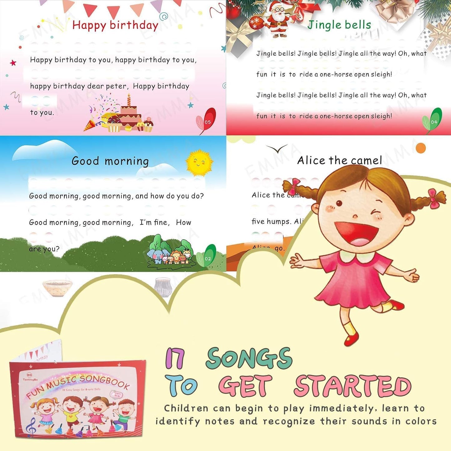 Hand Bells, 8 Note Musical Handbells Set with 17 Songbook Musical Toy Percussion Instrument for Toddlers Children Kids for Children's Day Family Activity School and Church (Multicolored)