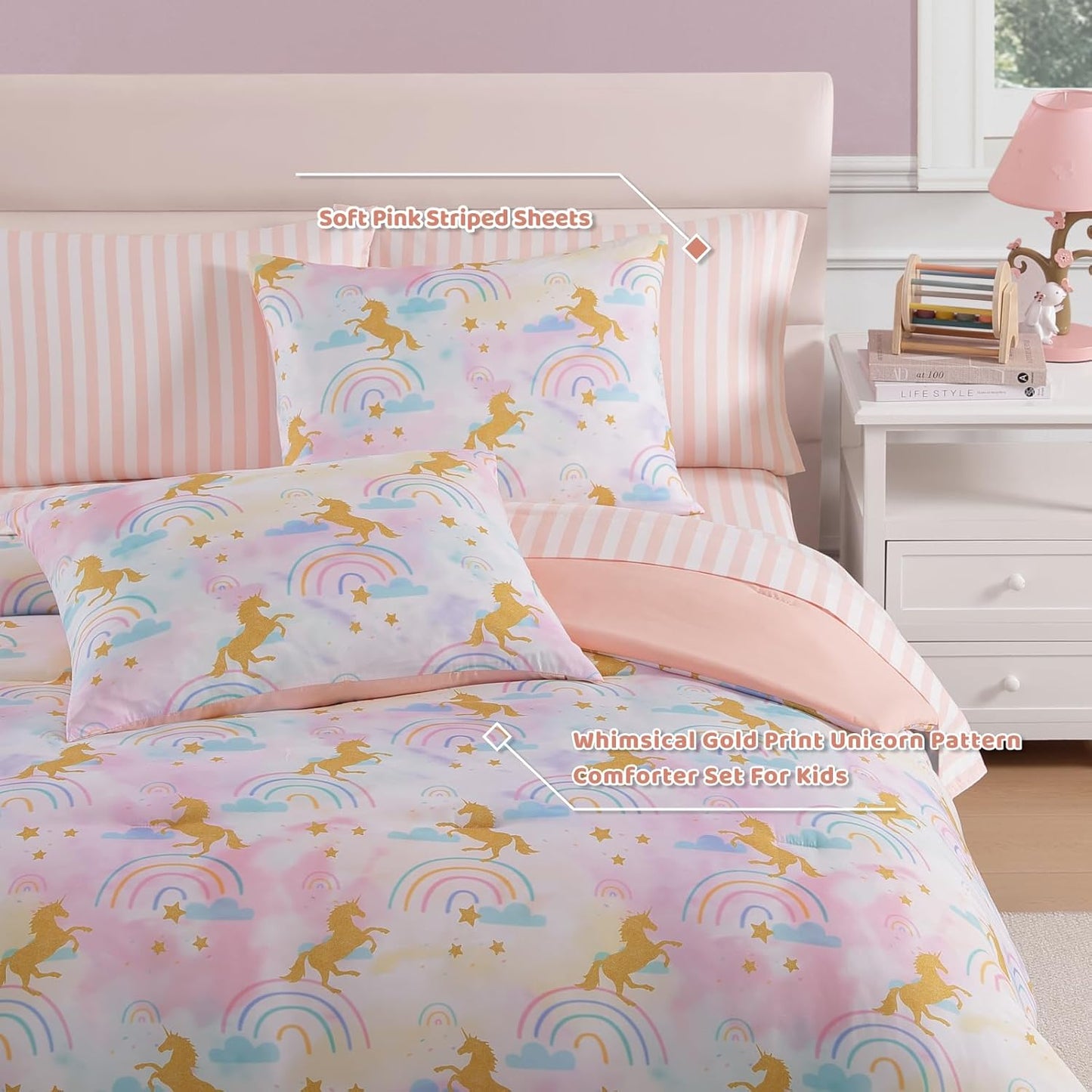 Full Size Comforter Sets with Sheets for Girls-7 Pieces Full Size Bedding Sets with Pink Comforter, Sheets, Pillowcases & Shams for Kids (Gold Unicorn, 76" X 86")
