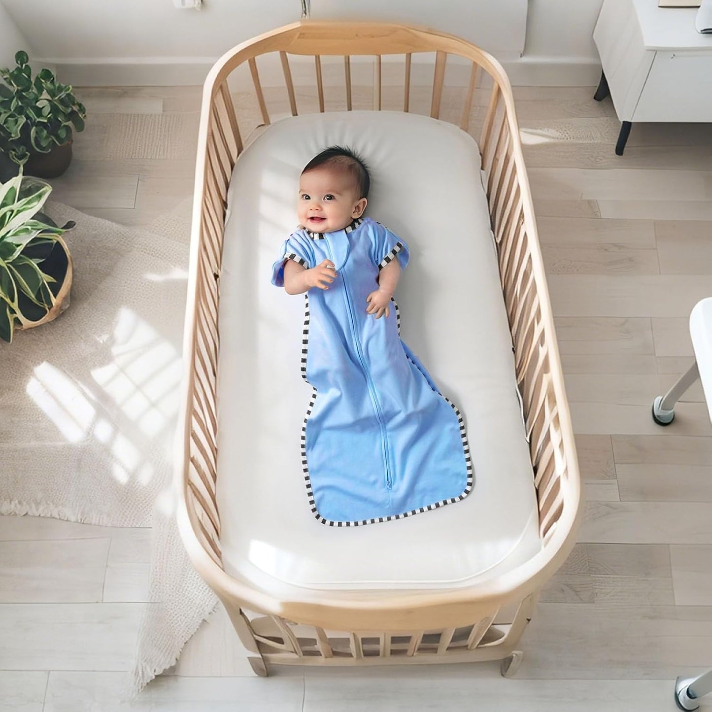 Transition Swaddle, 2 Pack 100% Cotton Baby Sleep Sack, 2-Way Zipper Infant Arm Up Swaddle for Newborn Baby Boys Girls (Khaki + Sky Blue, M(3-6 Months))