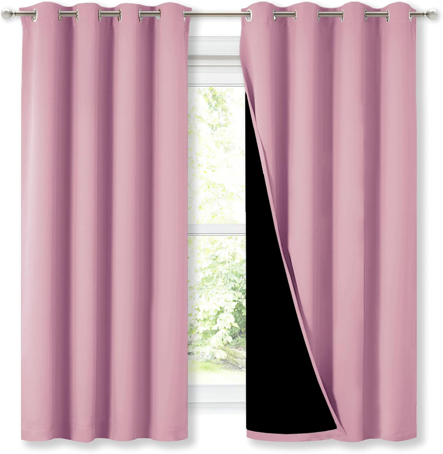 NICETOWN 100% Blackout Curtains with Black Liners, Thermal Insulated Full Blackout 2-Layer Lined Drapes, Energy Efficiency Window Draperies for Bedroom (Crystal Pink, 2 Panels, 52-inch W by 63-inch L)