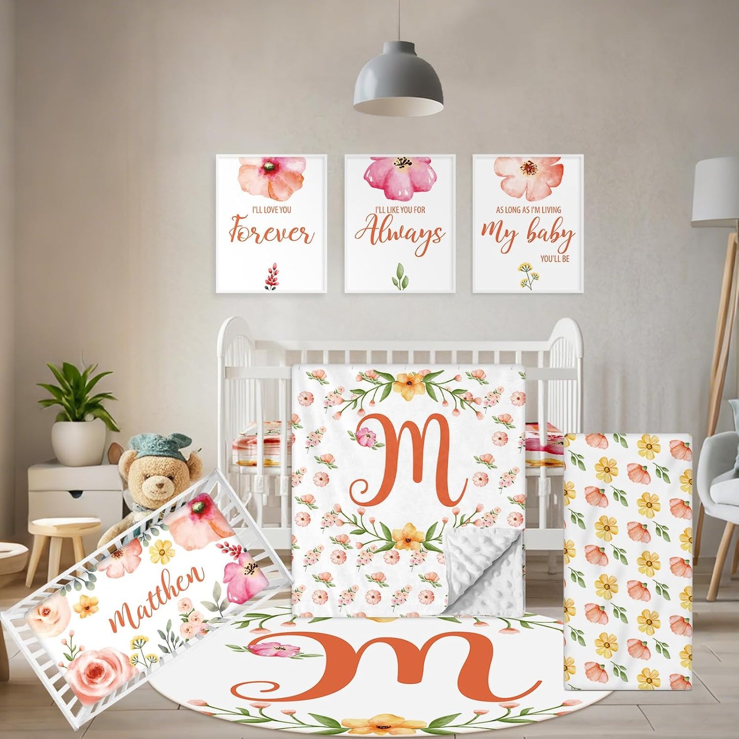 Custom Baby Bedding Set - 5 Pcs Customized Nursery Bedding Set with Name - Comfortable Double Layer Crib Sets for Girls Boys - Personalized Gifts for Toddler Infant New Parents - Orange Flowers