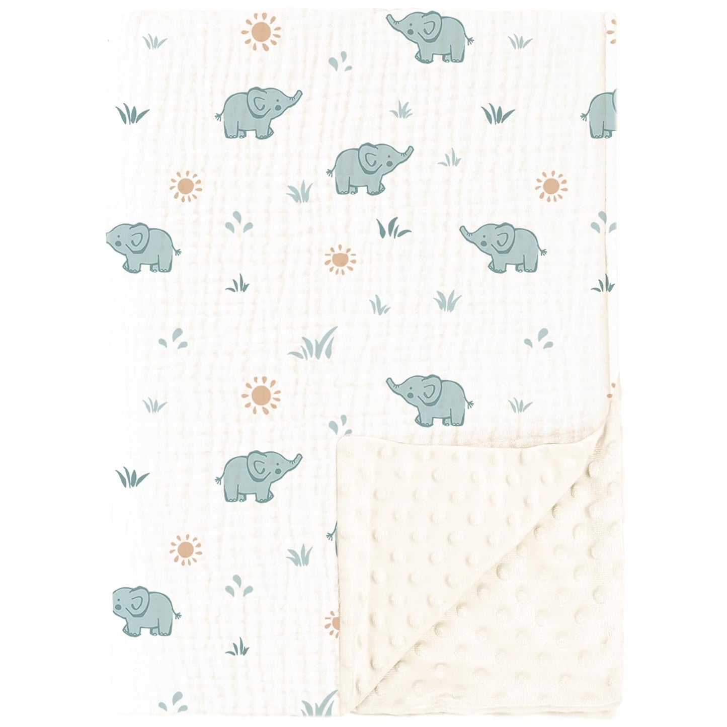 Konssy Baby Blankets for Unisex Boys Girls, Super Soft Nursery Minky Blankets with Muslin Cotton Front and Dotted Fleece Backing, Printed Bed Throws Newborn