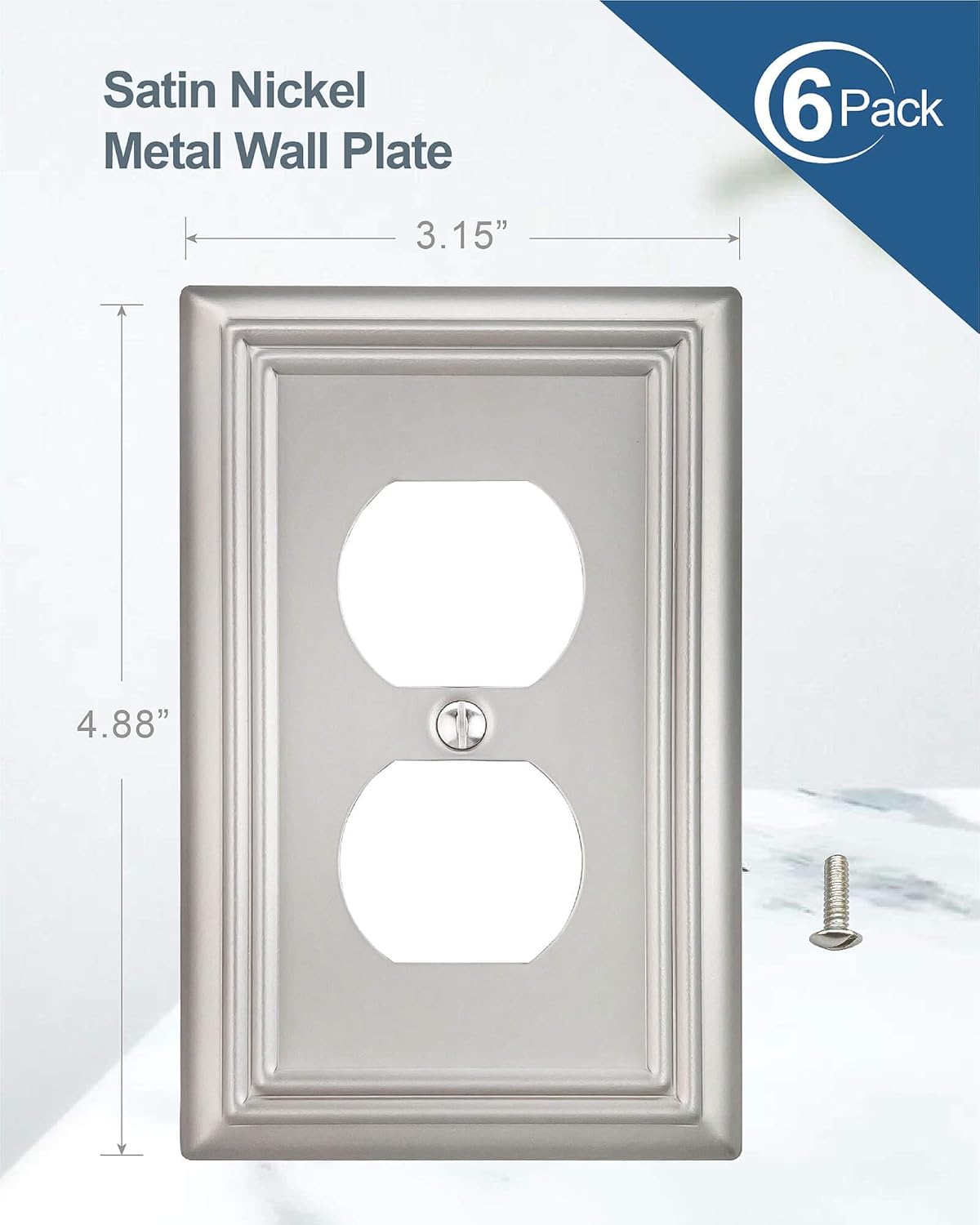 6-Pack Duplex Wall Plate, Decorative Satin Nickel Outlet Cover, Metal Wall Plates for Electrical Outlets, 3.15''*4.88'', Midsize