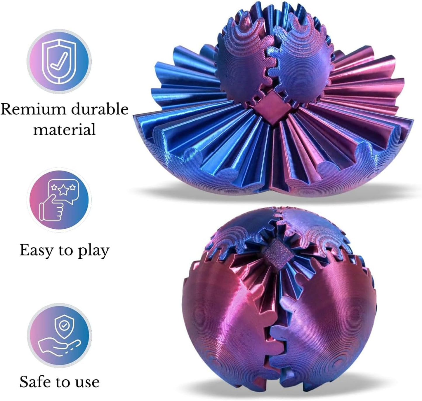 Gear Ball, Gear Sphere 3D Printed Gear Ball Fidget Toy Spin Ball, GearSphere Desk Toy, Stress Ball, Fidget Ball, Gear Toy for Stress and Anxiety Relaxing (Laser Red Blue Green)