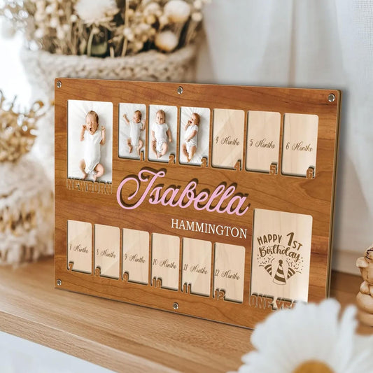 Personalized My First Year Photo Frame | 12 Months Picture Frame For Baby First Year | Displays Two 4x6 Photo and Twelve 2x3 Pictures | Birthday Party Decor Newborn Memory Keepsake, Design 08