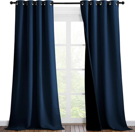 NICETOWN 100% Blackout Blinds, Set of 2, 46 inches x 96 inches, Laundry Room Decor Window Treatment Curtains for Large Patio Sliding Door, Thermal Insulated Moroccan Blue Curtains for Bedroom