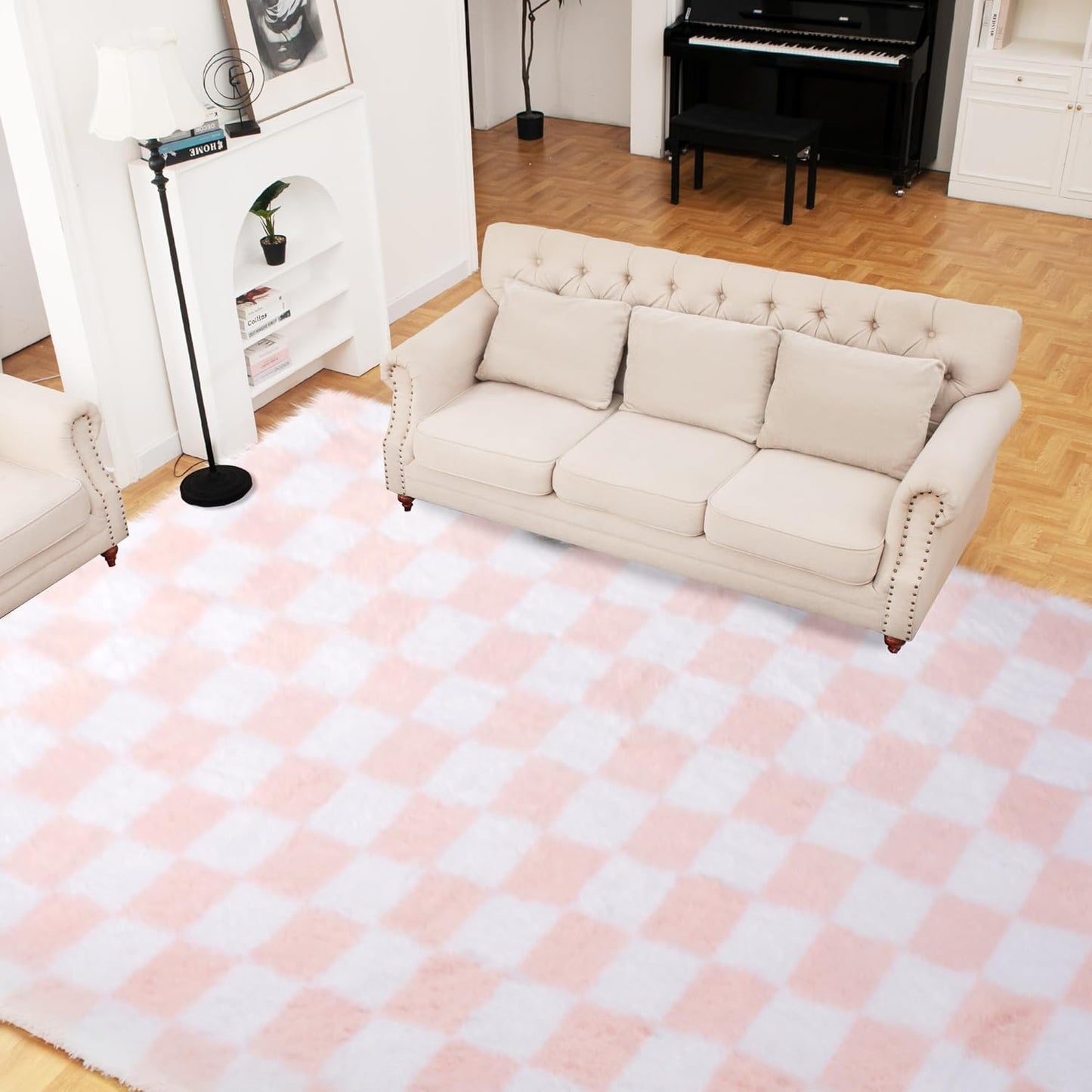 Super Soft Rug for Bedroom, 6x9 Ft Pink and White Area Rug Classic Checkered Shaggy Anti-Skid High Pile Soft Fluffy Rug Fuzzy Carpet for Living Room Bedroom Kids Room Nursery, Dorm Home Decor