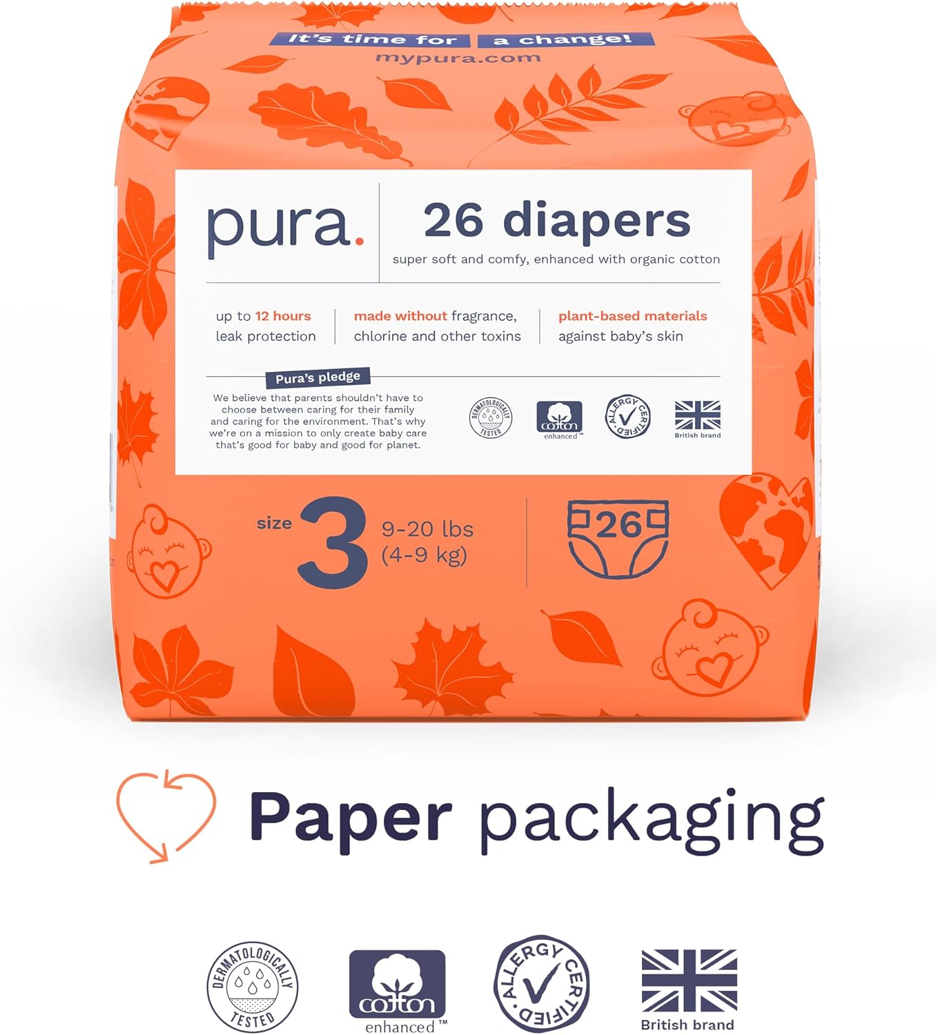 Size 3 Eco-Friendly Diapers (9-20 lbs) Totally Chlorine Free (TCF),Hypoallergenic, Soft Organic Cotton, Sustainable, up to 12 Hours Leak Protection, Allergy UK,26 Count (Pack of 3) (78 Baby Diapers)