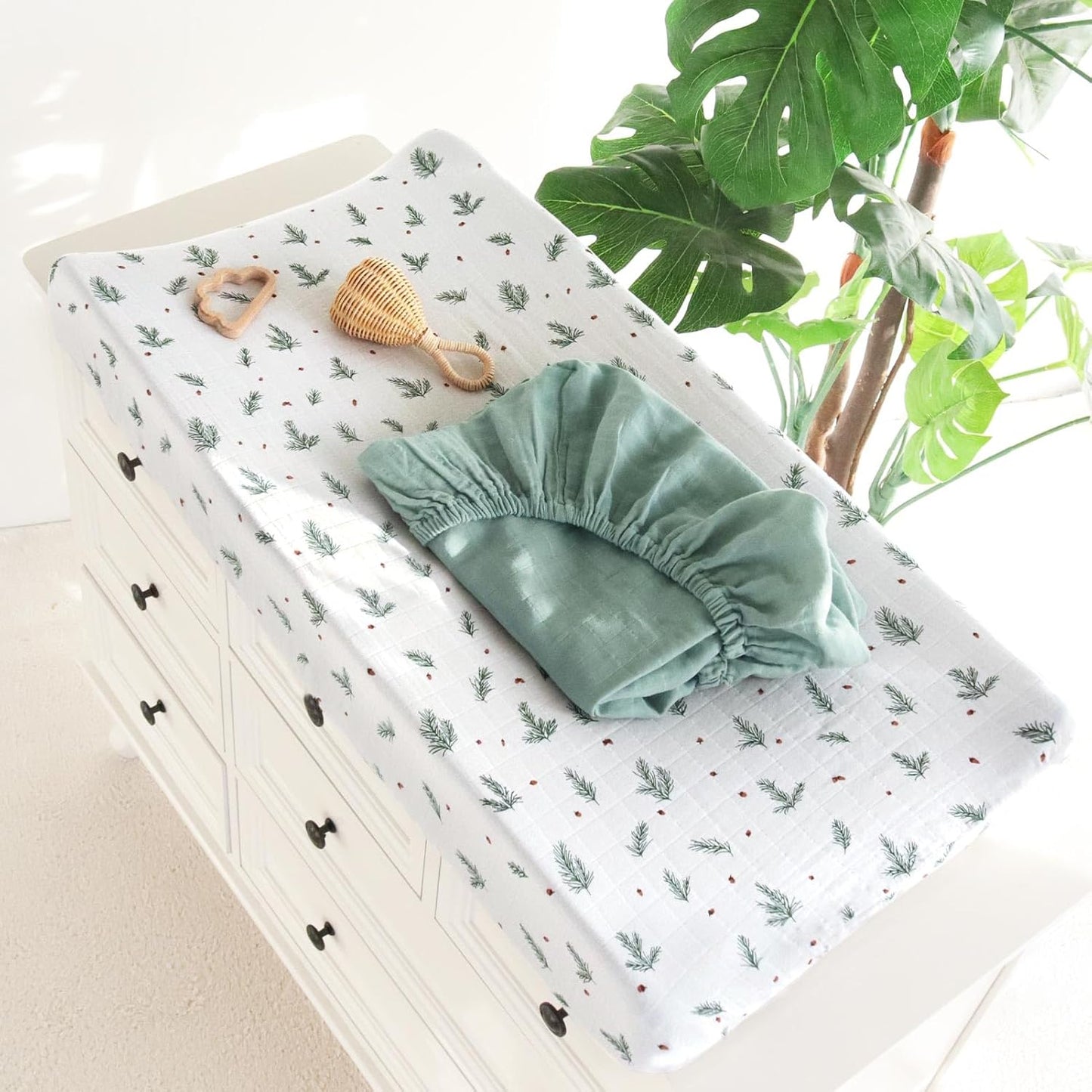 LifeTree 2 Pack Changing Pad Cover Unisex - Soft Muslin Fitted Changing Table Sheets - 16"x32" Organic Cotton - Pine Needles and Roman Green