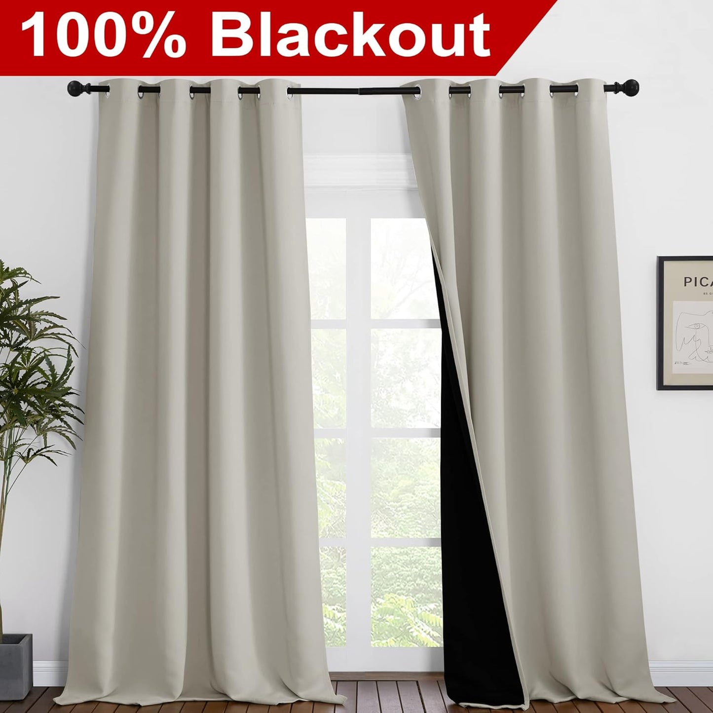 NICETOWN Full Shading Curtains 96 inches Long 2 Panels Set for Windows, Super Heavy-Duty Black Lined Blackout Curtains for Bedroom, Privacy Assured Window Treatment (Natural, Pack of 2, 55 inches W)