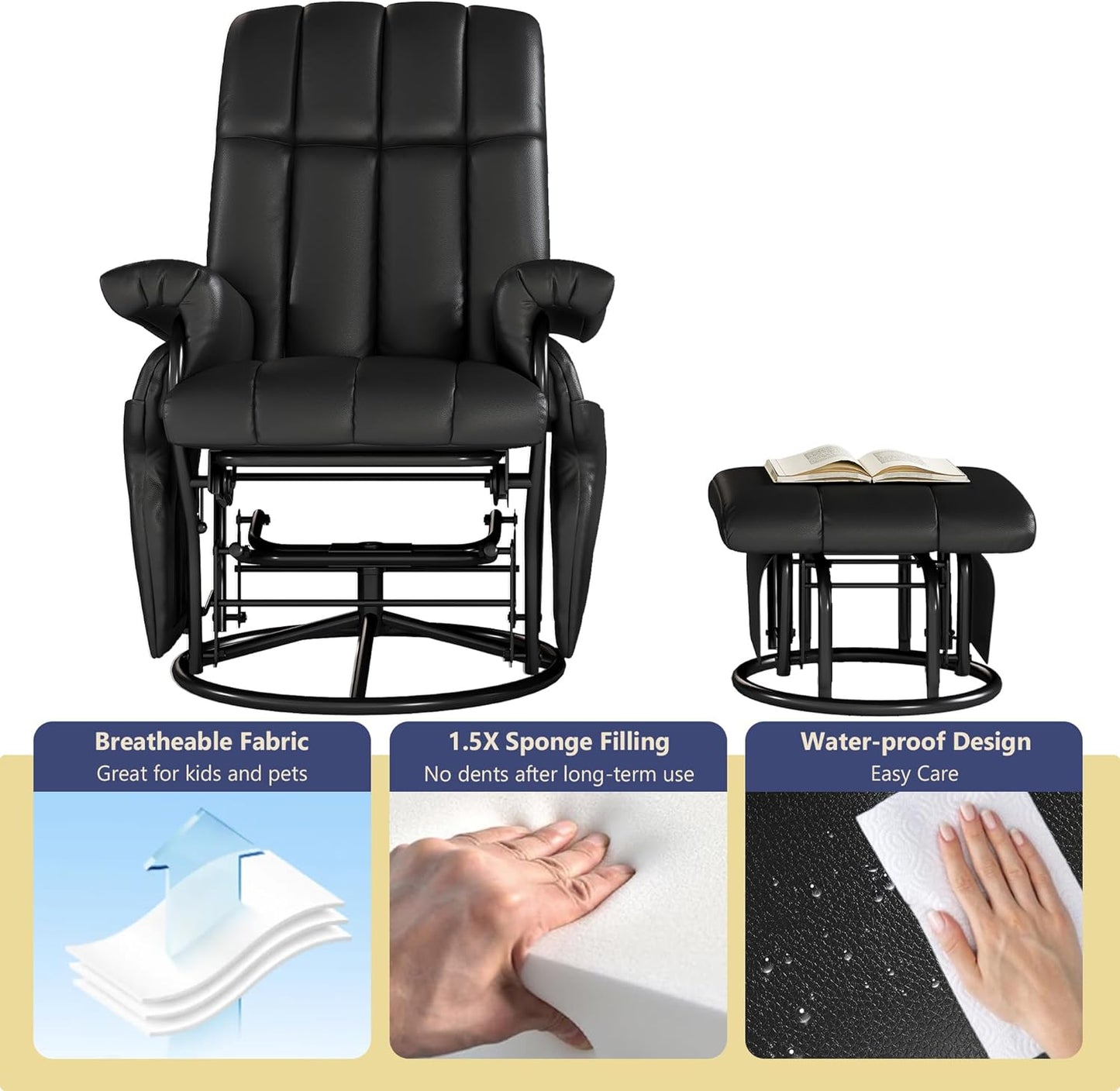 AODAILIHB Swivel Glider Recliner with Ottoman, 360 Rocking Chair with Foot Rest Recliner Chair Indoor Rocking Chair with Side Pockets Nursery Chairs for Living Room, Bedroom, Office (Black)