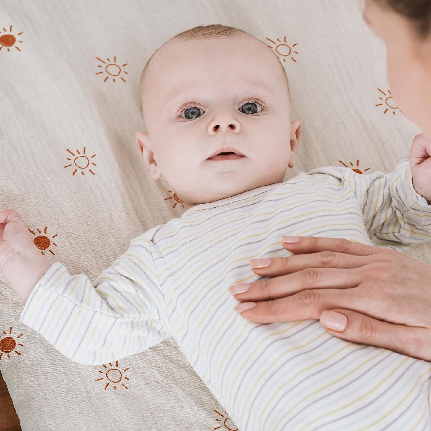 Gllquen Baby Muslin Bassinet Sheets 3 Pack, Breathable Elastic Cozy Fitted Cotton Bassinet Mattress Sheet for Baby Boy Girls, Fit for Hourglass Oval Rectangular Cradle Pad Sheets 33"x17" (Sunshine)