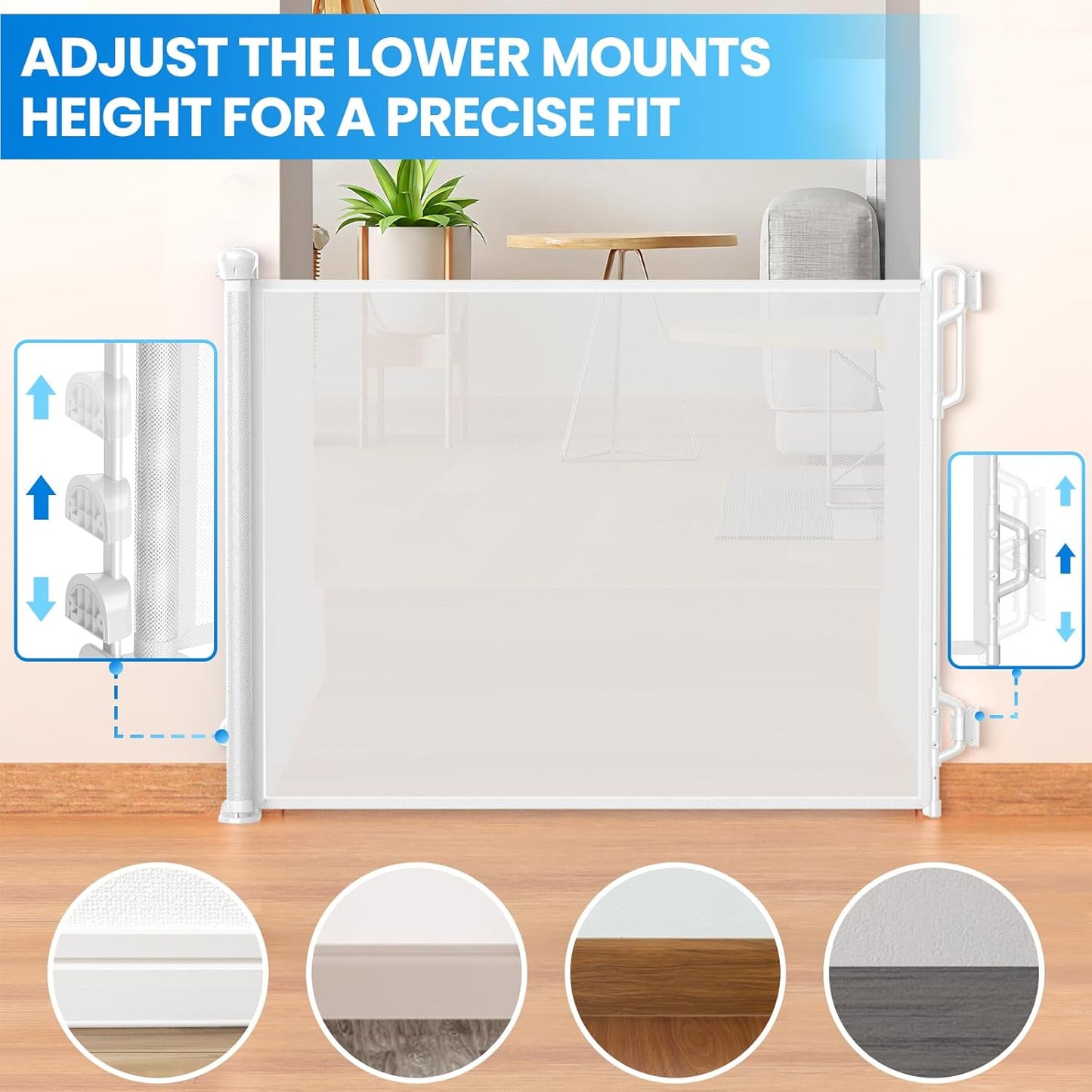 Retractable Safety Baby Gate or Mesh Dog Gate,Durable Portable Mesh Retractable Gate,Easy to Use for Stairs, Doorways, Hallways, Indoor, Outdoor, 33.5" Tall, Up to 65" Wide, White