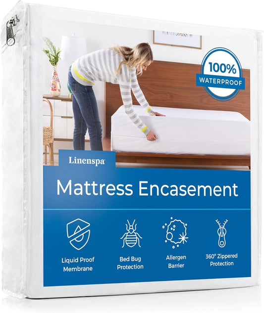 Linenspa Zippered Mattress Encasement – Full Size Waterproof Mattress Protector – Quiet Cover & Complete protection – Dorm Room Essentials, White