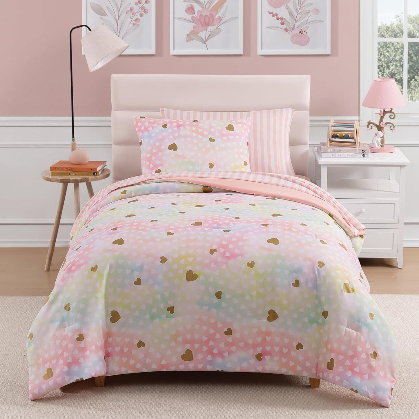 Twin Comforter Set with Sheets for Girls-5 Pieces Twin Bedding Sets with Pink Comforter, Sheets, Pillowcase & Sham for Kids (Colorful Gold Heart, 66" X 86")