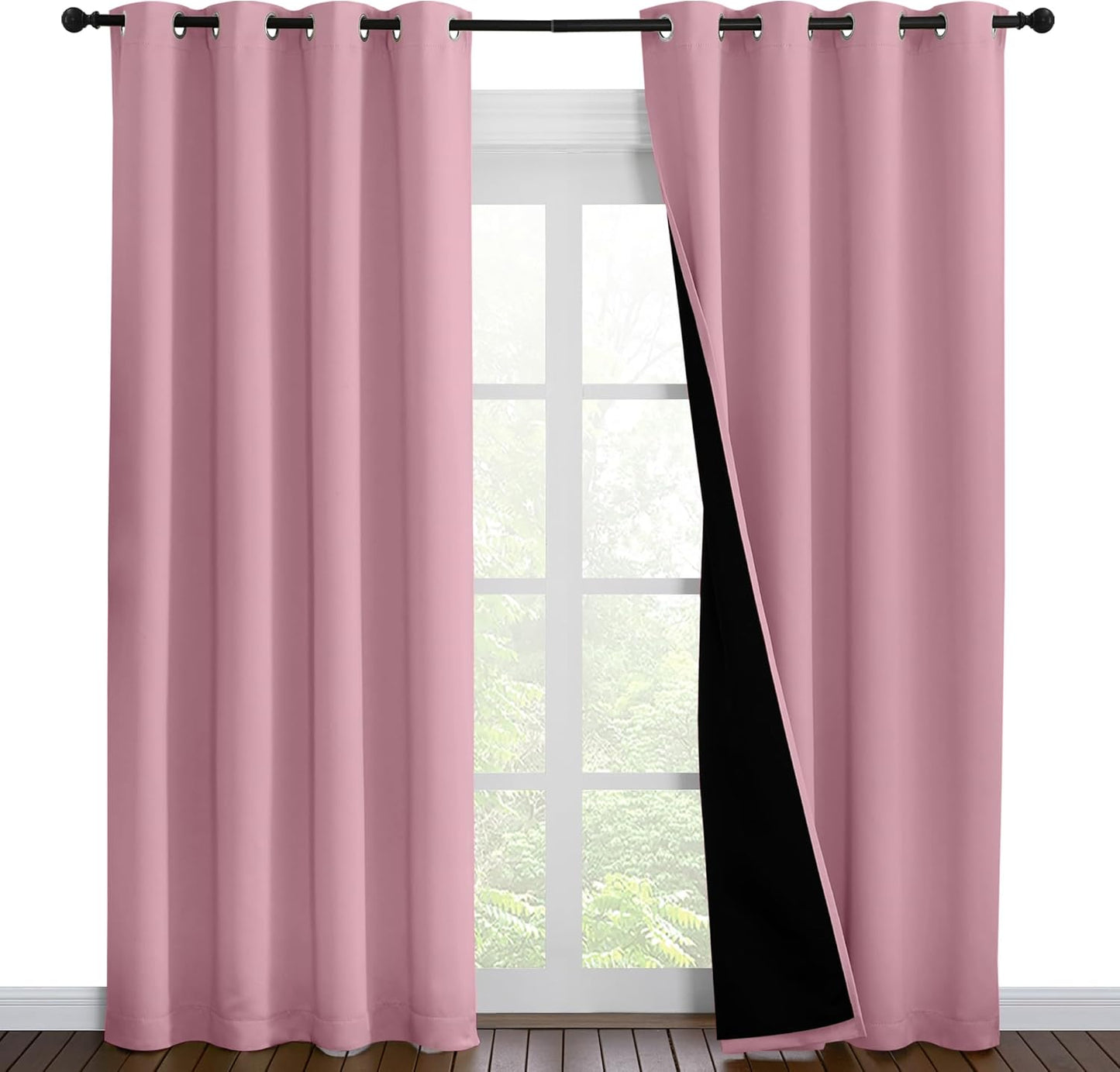 NICETOWN Total Shade Curtains and Draperies, Heavy-Duty Full Light Shading Drapes with Black Liner Backing for Villa/Hall/Dorm Window（Crystal Pink, Package of 2 Panels, 52 inches Wide x 95 inches Long