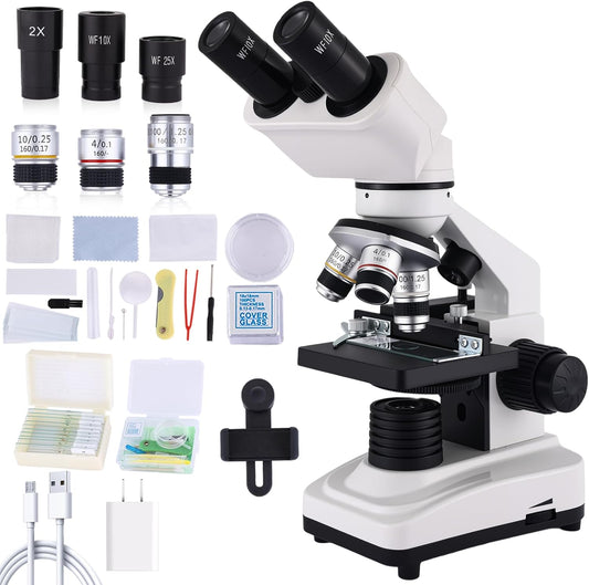 Microscope Magnification 40X-2500X WF10x and WF25x Eyepieces, Dual LED Illumination, Adult Microscope for Schools Home Labs Educational Use