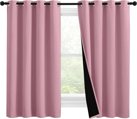 NICETOWN 100% Blackout Curtains with Black Liners, Thermal Insulated Full Blackout 2-Layer Lined Drapes, Noise Cancellation Window Draperies for Dining Room (Crystal Pink, 2 Panels, 55" W by 57" L)