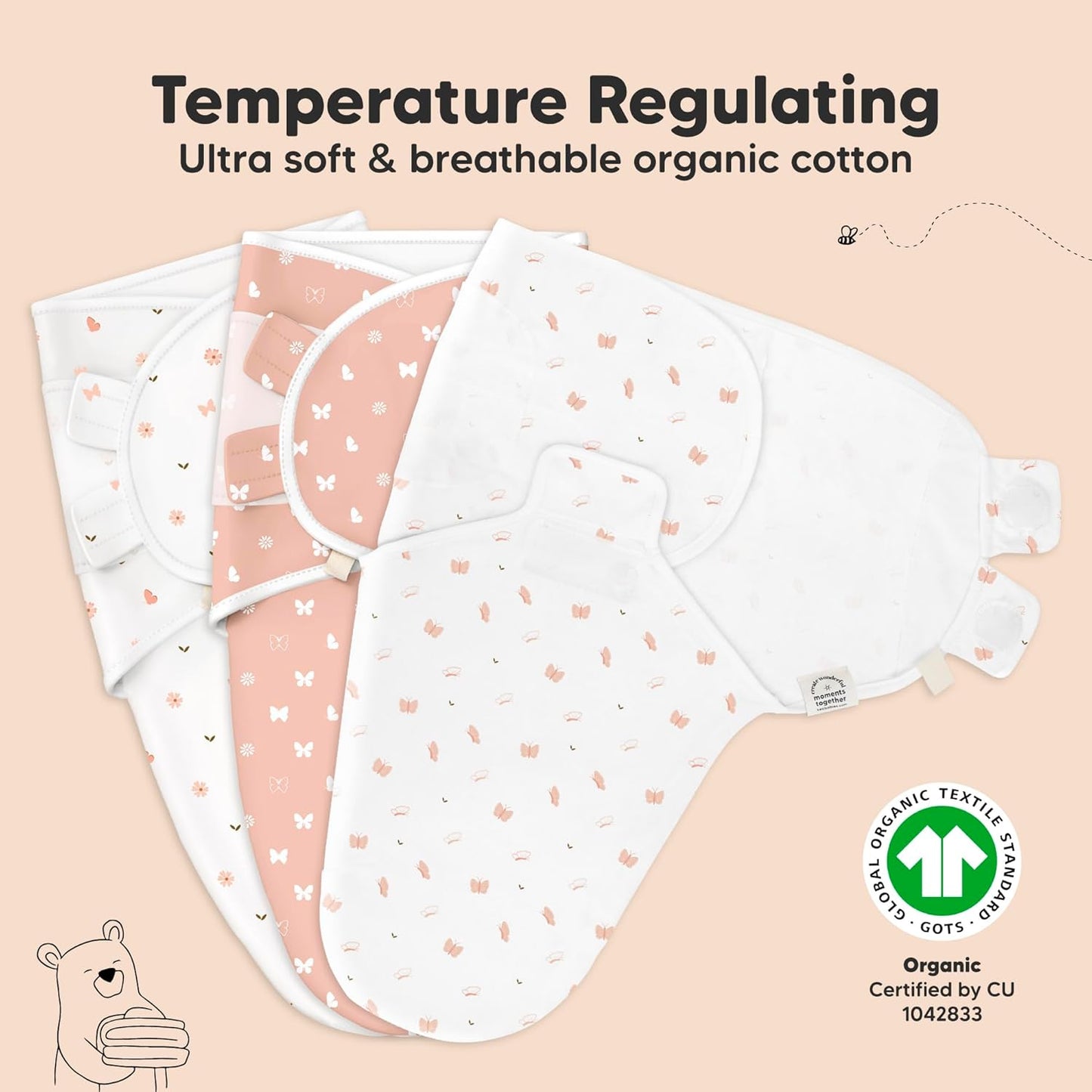 3-Pack Organic Baby Swaddle Sleep Sacks - Swaddles for Newborns, Infant 0-3 Months, Baby Girls, Boys, Soft & Snug Newborn Sleep Sack, Nursery Swaddling Blankets (Butterflies)