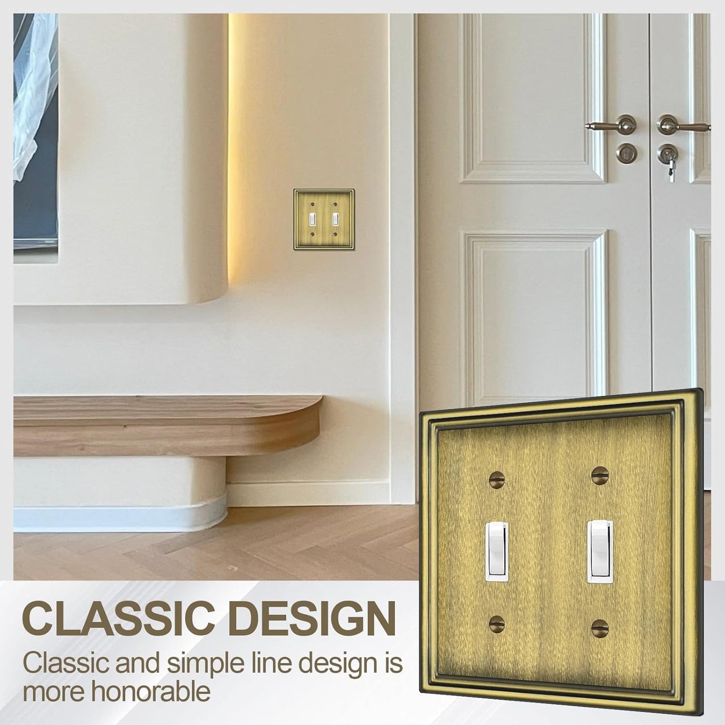 Double Toggle Light Switch Covers Plate, Metal Material 2 Gang Wall Plates for Double Light Switch, Antique Brass Decorative Switch Plate Cover - Classic Style, 3 Pack