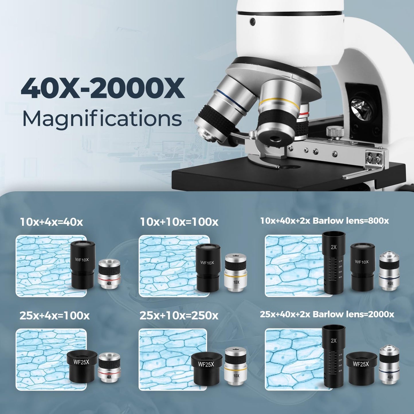 ESAKO 40-2000X Microscope for Kids Students Adults, with Mechanical Stage, Carry Bag & Slides Set Metal Body Microscope for Science Education School Laboratory