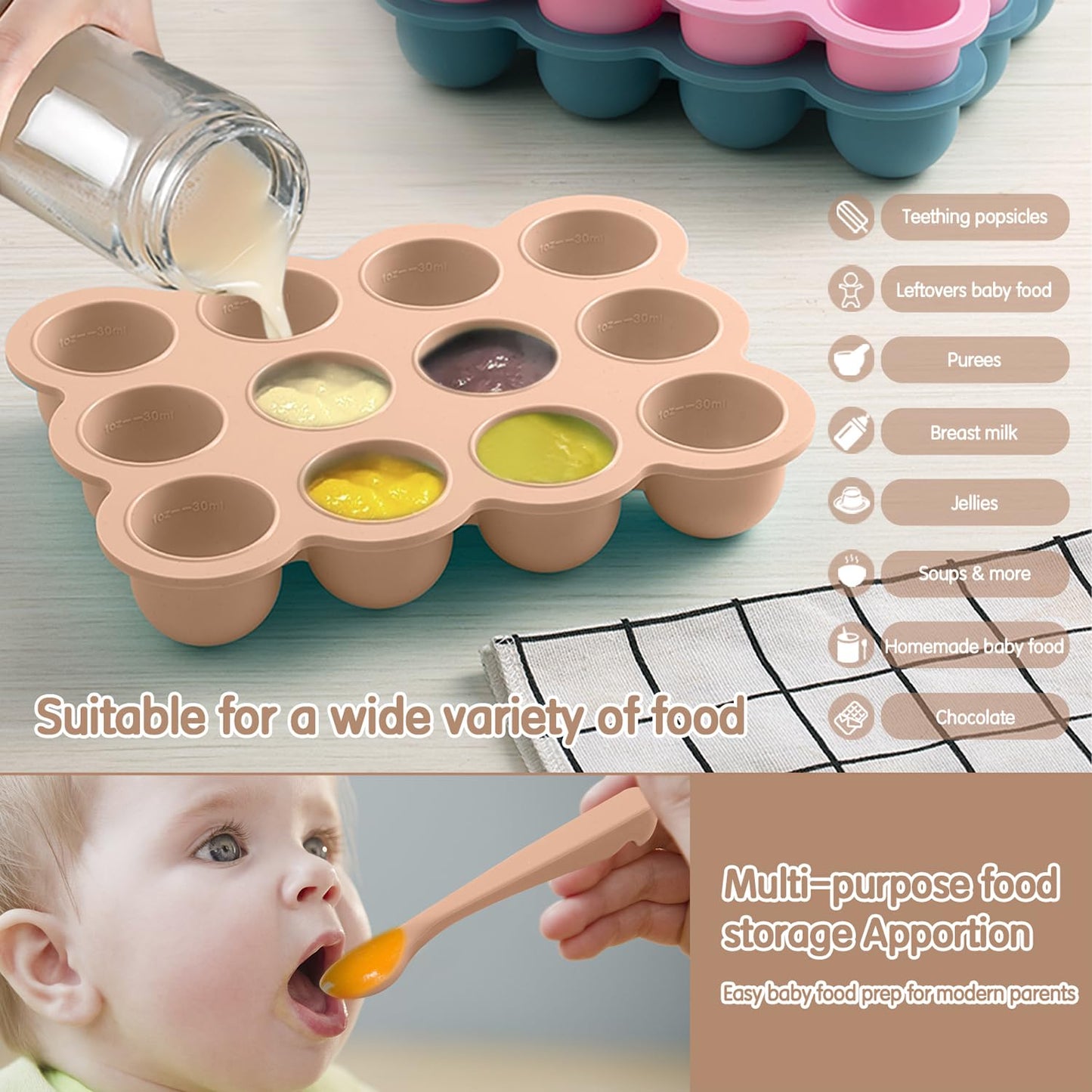 Baby Food Freezer Tray with Clip on Lid, 12 x 1.5 Ounce Baby Food Storage Container, Baby Silicone Freezer Molds for Fruit Purees & Vegetables (Light Brown)