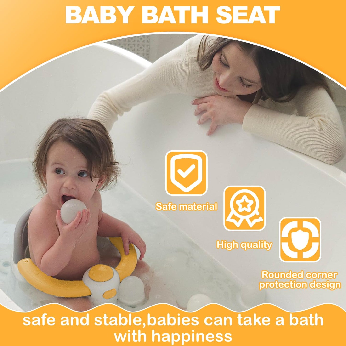 Baby Bath Seat 6 Months & up, Bath Seat for Baby, Infant Bath Seat with Suction Cups, Non-Slip, Detachable,Yellow