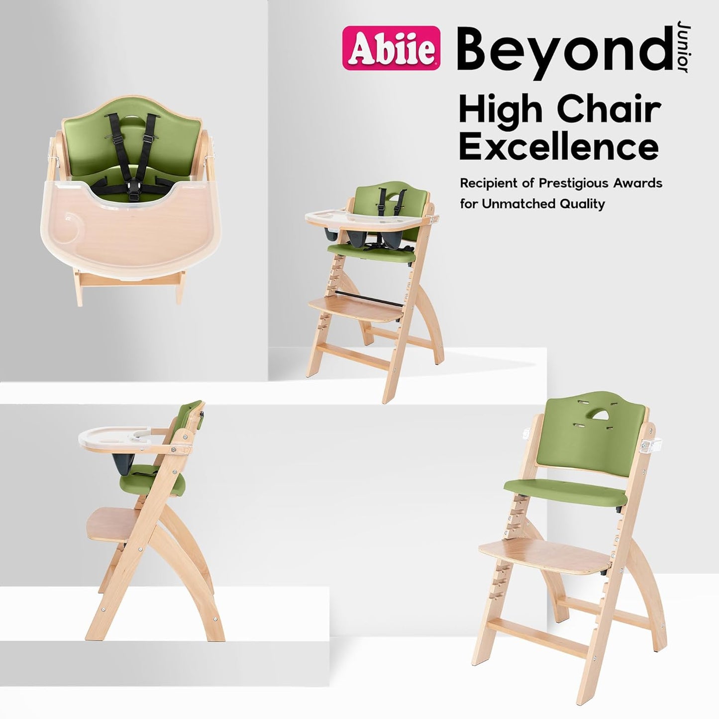 Abiie Beyond Junior Wooden High Chair with Tray - Adjustable and Convertible High Chair for Babies and Toddlers - 6 Months to 250 Lb - Water Resistant - Natural Wood/Olive Cushion