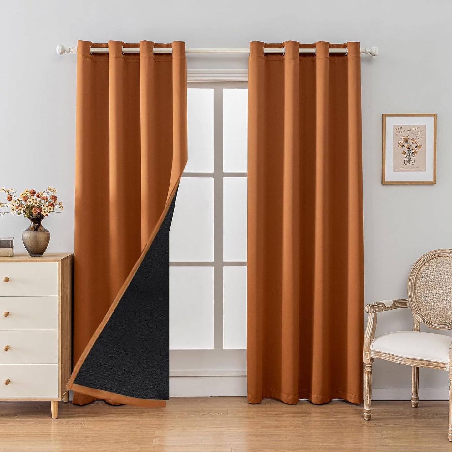 Anytime 100% Blackout Curtain Set, Thermal Insulated & Energy Efficiency Window Draperies for Guest Room, Full Shading Panels for Shift Worker and Light Sleepers（Orange, 2 Panels, 52W x 95L）