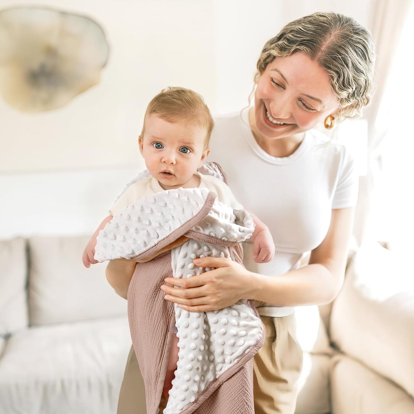 lulumoon Baby Blanket for Newborn Receiving: Minky Dot & Muslin Lightweight - Thermal Blanket Gift for Baby Shower & Hospital Welcoming 30"x40"（Sand）