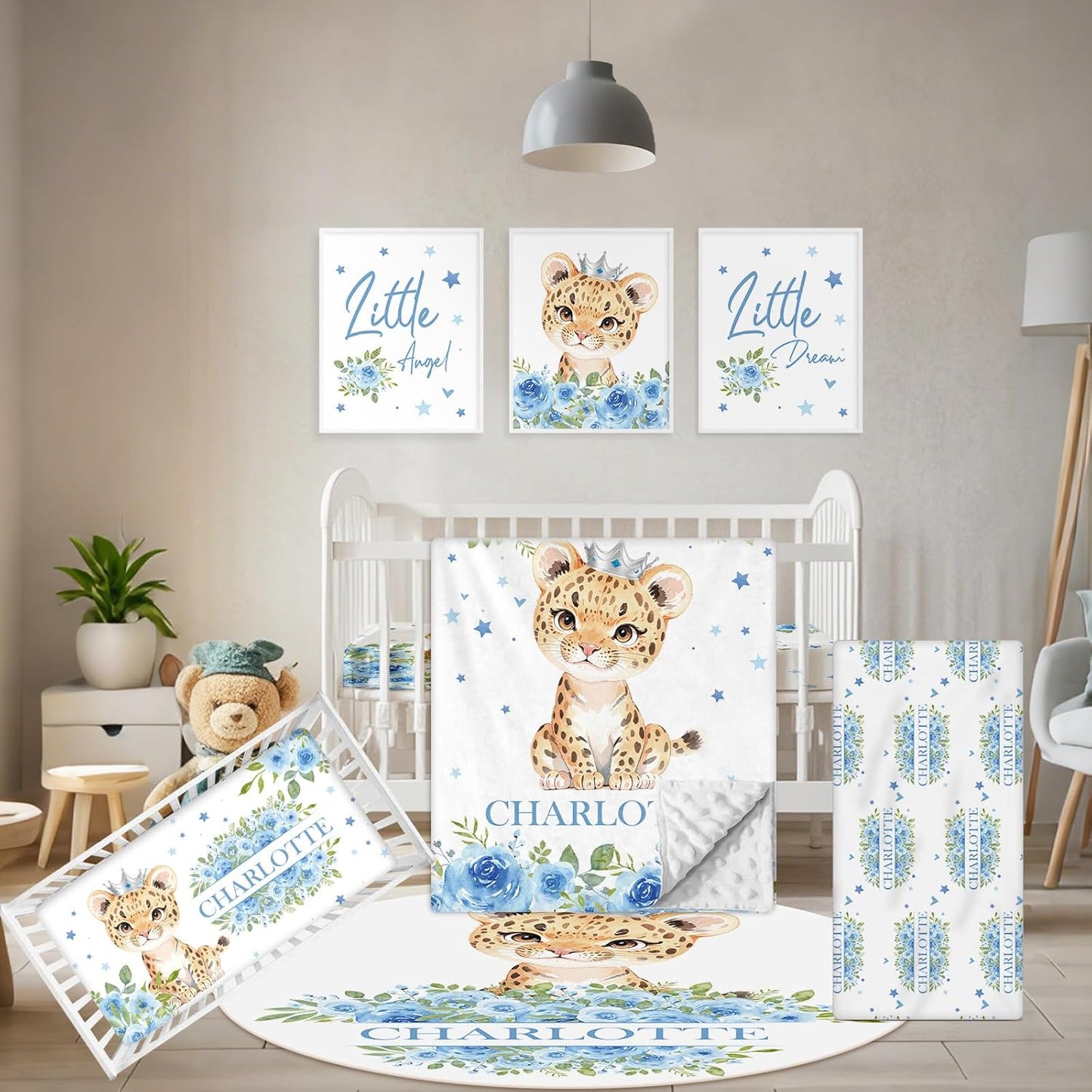 Personalized Crib Bedding Set, 5 Pcs Custom Nursery Bedding Sets with Name, Infant Bedding Set for Baby Boy Girl, Blue Leopard Double Layer Baby Crib Set, Babies Toddlers Kids Customized Gifts