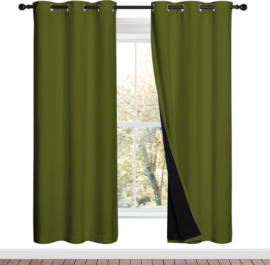 NICETOWN 100% Blackout Window Curtain Panels, Olive Green, 2 Pieces, 42-inch Wide Per Panel, Full Light Blocking Drapes with Black Liner for Nursery, 72-inch Drop Thermal Insulated Draperies
