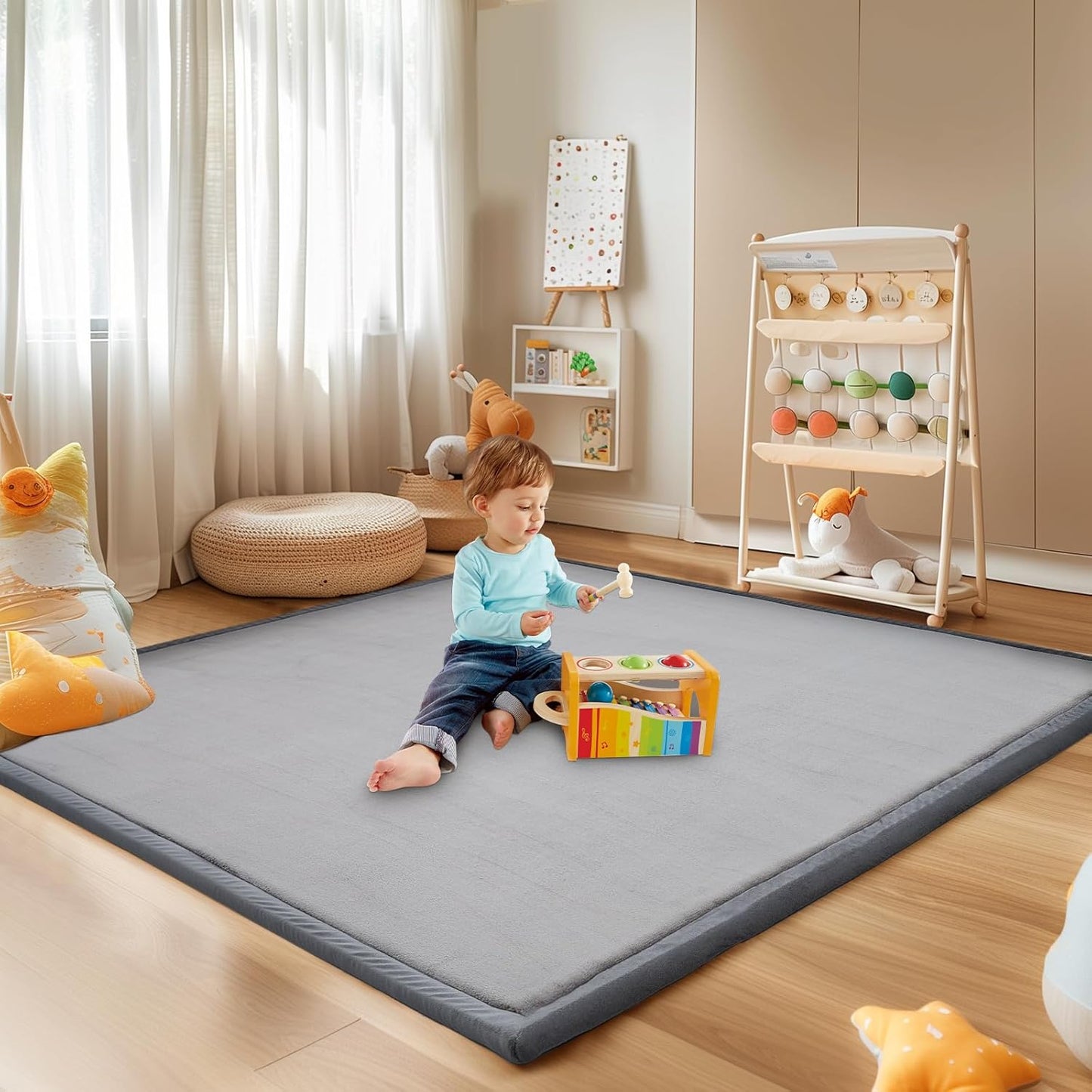 SUNYRISY Baby Play Mat for Floor, 1.4in Thick Memory Foam Padded Play Mats for Baby, Soft Velvet Infants Toddler Kids Play Mat Non-Slip Bottom, Crawling Baby Rugs for Nursery 80x80in