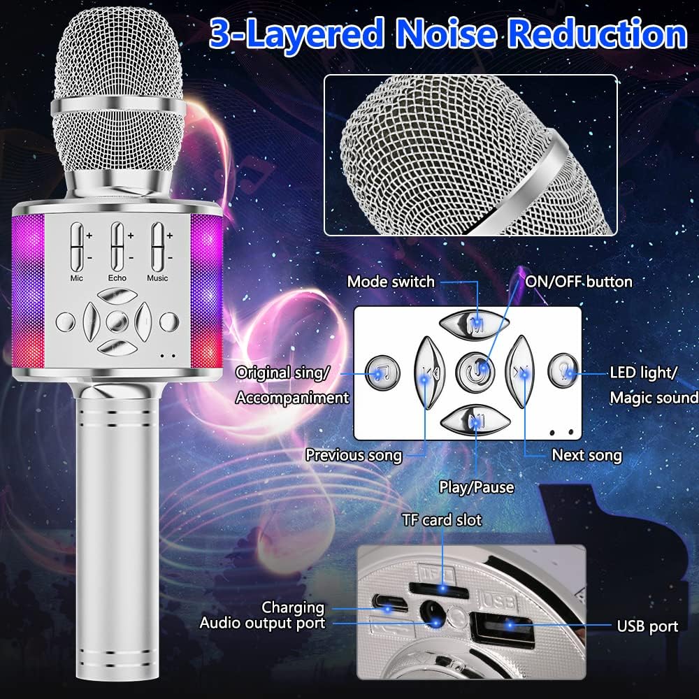 Amazmic Kids Karaoke Microphone Machine Toy Bluetooth Microphone Portable Wireless Karaoke Machine Handheld with LED Lights, Gift for Children Adults Birthday Party, Home KTV(Silver)