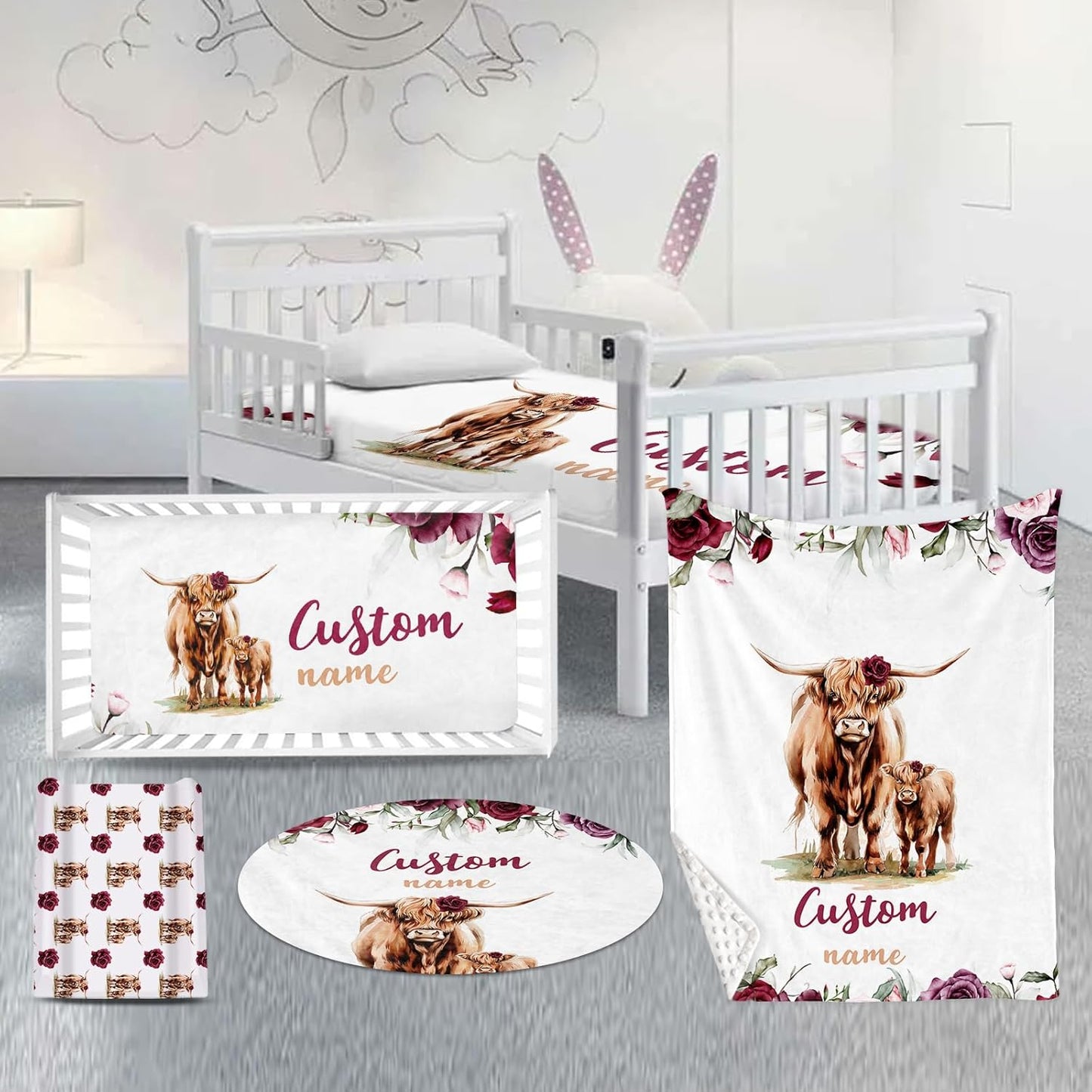 Custom Nursery Crib Bedding Set: Personalized Name 4 Piece Rose Highland Cow Design Baby Crib Sets for Girls - Toddler Double Layer Blanket Set, Comfortable Crib Bed Sheets for Baby Toddlers