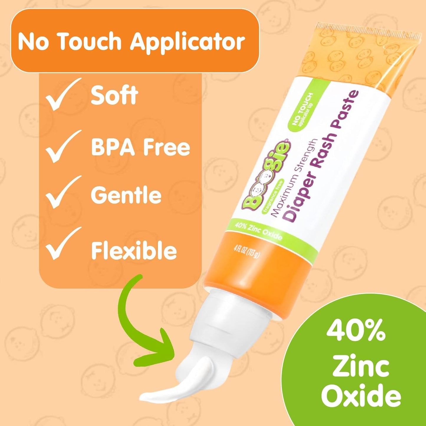 Boogie Diaper Rash Paste, Maximum Strength 40% Zinc Oxide, Mess-Free Applicator, Soothes Baby Bum, Diaper Bag Essential, 4oz
