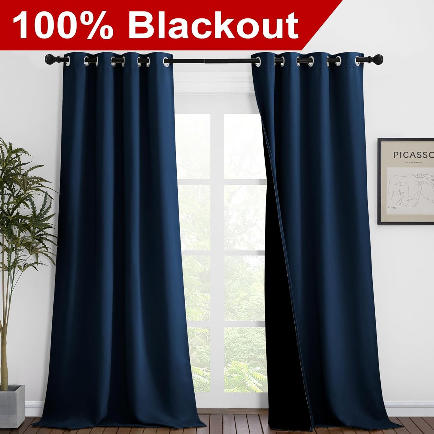 NICETOWN 100% Blackout Blinds, Set of 2, 46 inches x 102 inches, Laundry Room Decor Window Treatment Curtains for Large Patio Sliding Door, Thermal Insulated Moroccan Blue Curtains for Bedroom