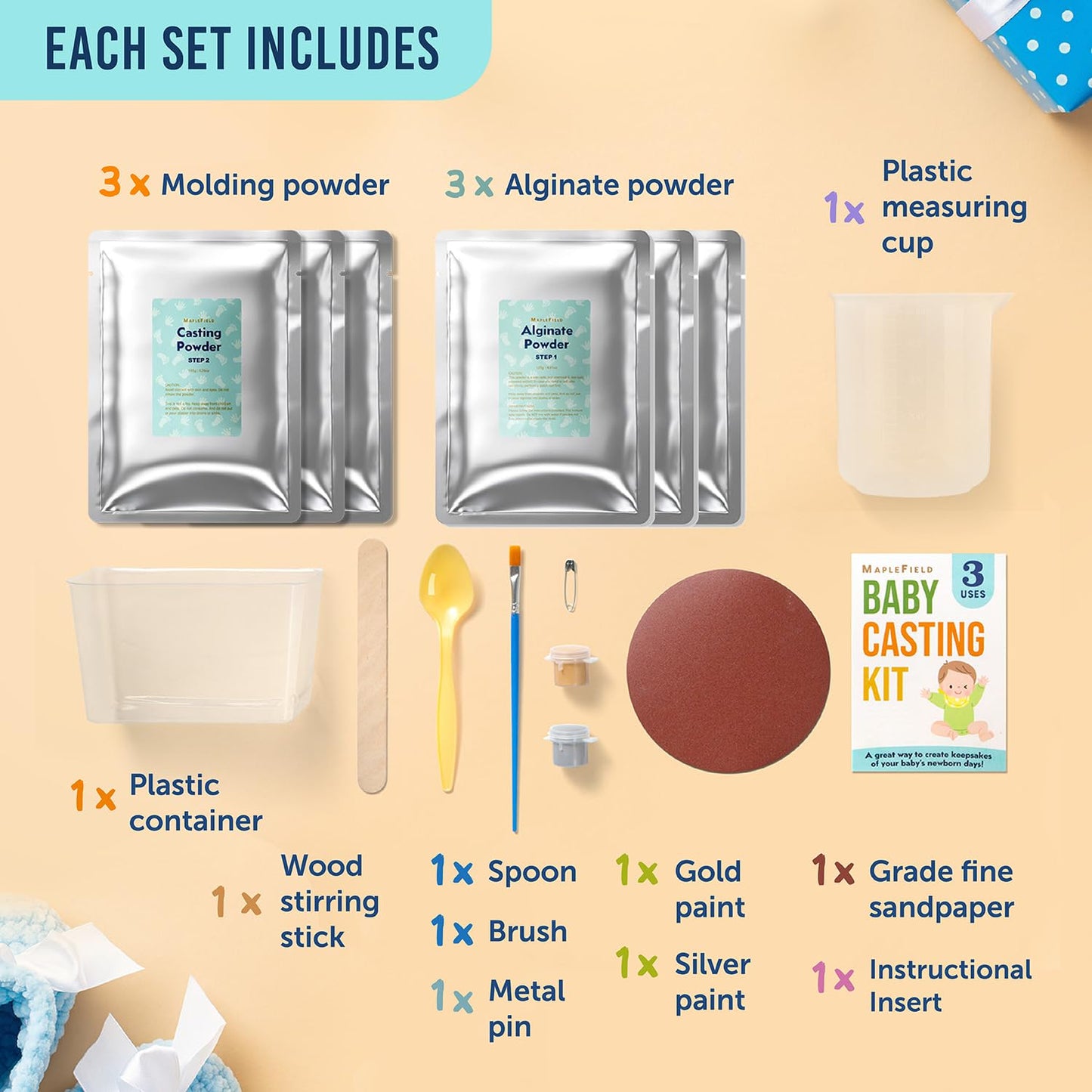 Maplefield 3D Baby Casting Kit - Safe and Easy to Use - DIY Mess-Free Hand and Feet Molding Kit - 3 Packs of Mixing and Setting Powder - Family Keepsake and Thoughtful Baby Gift - Hand Casting