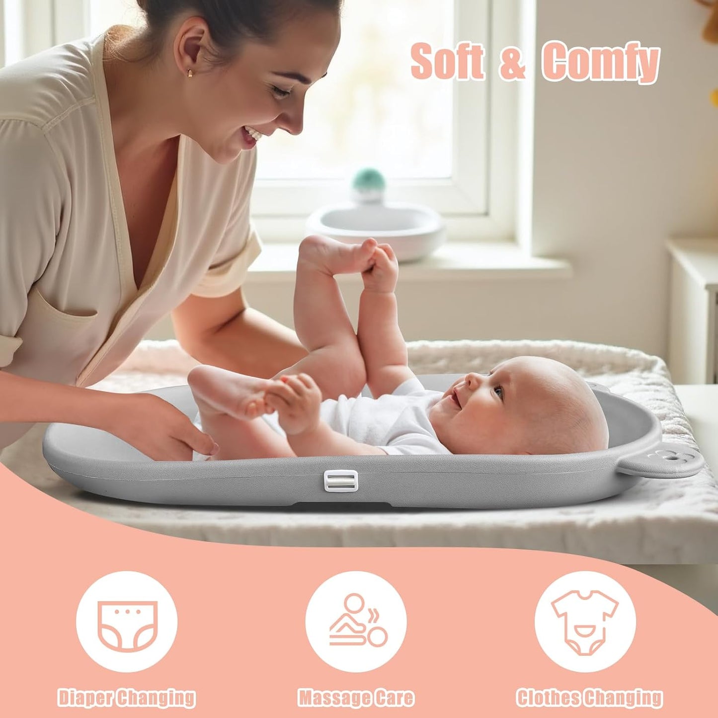 Waterproof Baby Changing Pad, Lightweight and Portable Changing Table with Strap for Changing Diaper, Dresser, Changing Table, Bed, Wipeable Changing Pad, Grey