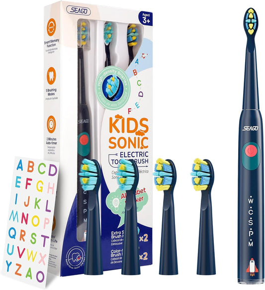 SEAGO Kids Electric Toothbrush, Sonic Soft Bristle Rechargeable Toothbrushes with DIY Stickers, 5 Modes, Includes 4 Replacement Brush Heads, Ages 3 to 12 Years Old (Navy)